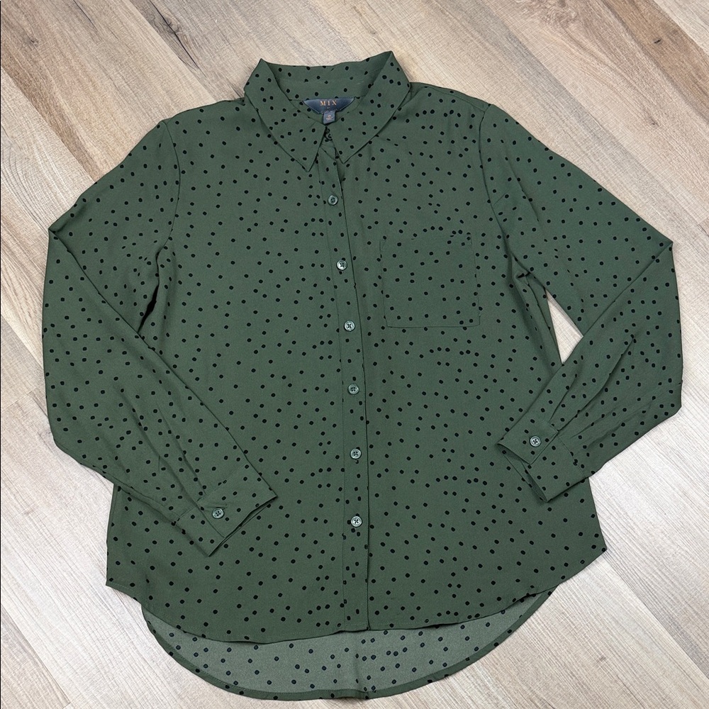 41 Hawthorn MIX Olive Green Black Polka‎ Dot Button Front Blouse Women's Medium